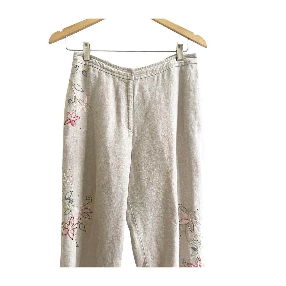 J. Jill Embroidered Floral Linen Wide Leg Pants Size 8 Petite Tan Pull On Beach - Picture 3 of 11